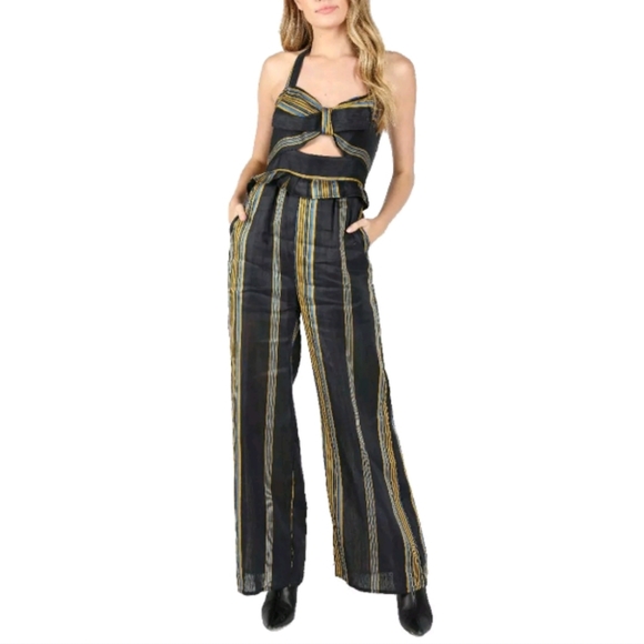 Honey Punch Pants - Honey Punch Meredith Striped Gold Navy Jumpsuit